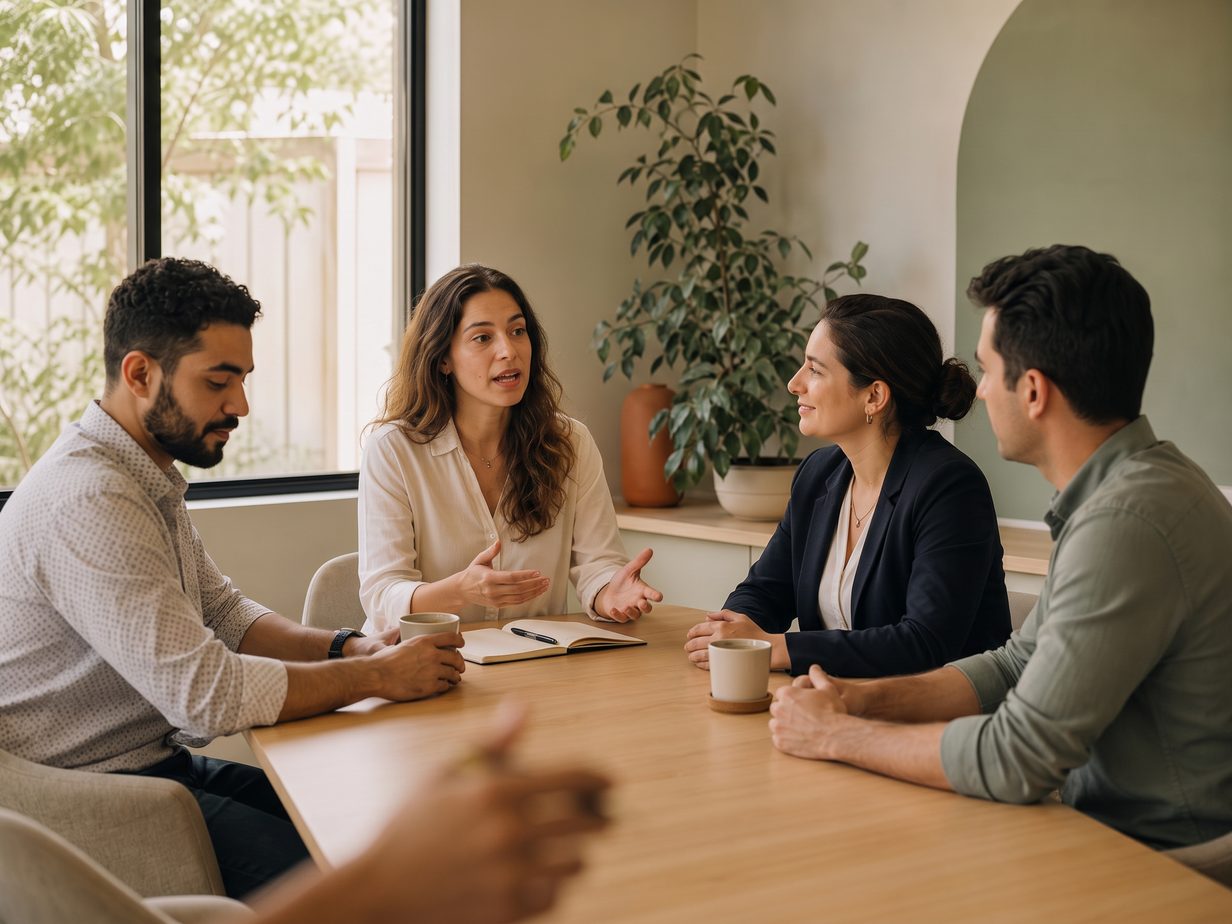 Psicóloga organizacional facilitando discussão estruturada com equipe profissional