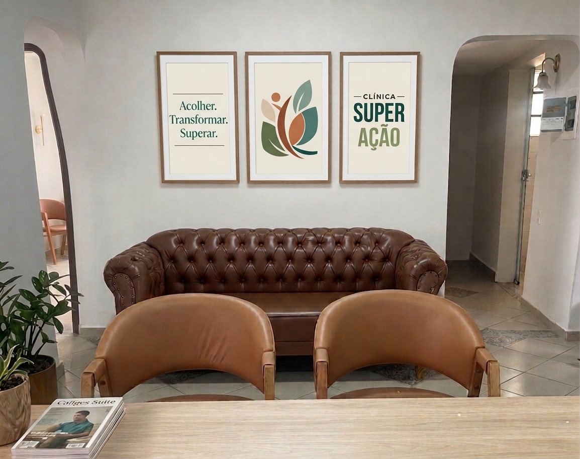Recepção da Clínica Super Ação, com ambiente acolhedor e identidade visual da clínica.